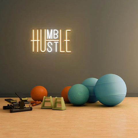 Dope Hustle Neon Sign USB Powered Wall Decor With Dimmer Switch And Adjustable Brightness in a gym setting, yellow and white