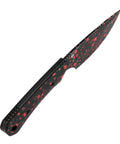 Fixed Blade EDC Knife With 3.69 Inch D2 Drop Point Blade, Beast Tough, Black G10 Handle, close-up side view with red pattern