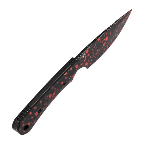Fixed Blade EDC Knife With 3.69 Inch D2 Drop Point Blade, Beast Tough, Black G10 Handle, close-up side view with red pattern