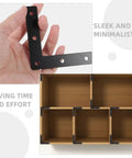 Heavy Duty Dark Steel Right Angle Corner Brackets Set, 30 Pieces with Pre Drilled Holes shown assembling shelves