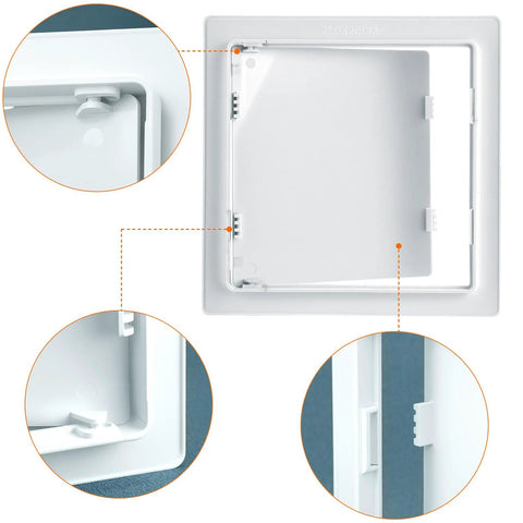 Front view of QWORK 10x10 inch white plastic drywall access panel with removable cover for plumbing and HVAC systems
