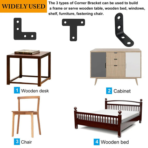24 Pack Black Stainless Steel L Brackets And Corner Braces Kit With 88 Screws for supporting wooden desk, cabinet, and bed.