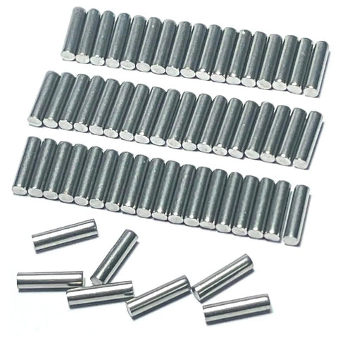Built Tough Precision Ground 2mm X 10mm Dowel Pins 60 Pack stainless steel pegs arranged in three rows on white background.