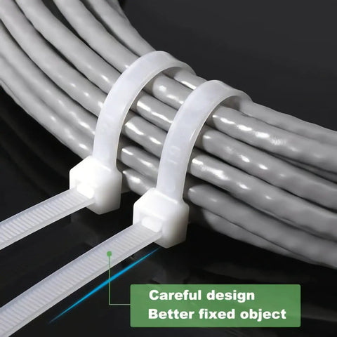 16 Inch White Nylon Cable Ties 100 Pack for Quick Cable Management secured around gray cables