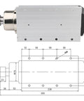 Heavy Duty 4.5Kw Square Air Cooled Motor With Er25 Spindle Delivering 18000Rpm, featuring aluminum body and detailed dimensions.