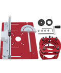 Smooth CNC Aluminum Router Lift Kit With Sleek Red Insert Plate And Tough Rock Solid Mounting Bracket For 65mm Motors featuring components laid out.