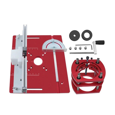 Smooth CNC Aluminum Router Lift Kit With Sleek Red Insert Plate And Tough Rock Solid Mounting Bracket For 65mm Motors featuring components laid out.
