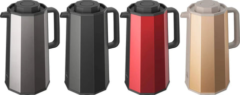 Four Gold Glass Vacuum Carafe 1.0 Liter Insulated Bottles in gray, black, red, and gold with decagonal bodies.