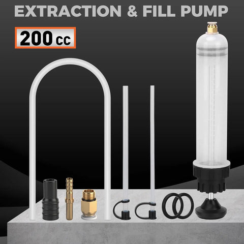 200cc Fluid Extractor Syringe Oil Pump With 23 Inch Flexible Hose And 12 Inch Fine And Coarse Hoses 9 Piece Kit displayed