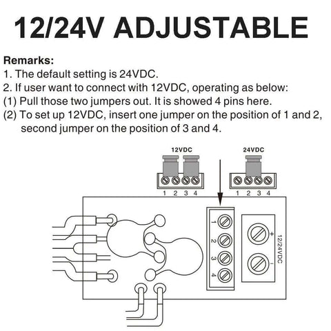 Diagram showing 12/24V adjustable settings with instructions for jumper configuration for electrical connections.