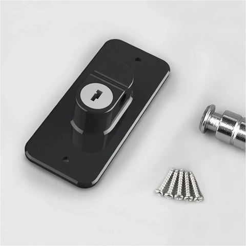 Four Pack Child Safety Locks For Cabinets And Refrigerator Doors with screws, black zinc alloy frame, close-up view
