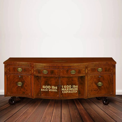 Wooden cabinet with All Black Heavy Duty 4 Inch Swivel Plate Caster Wheels With Brake Lock, 400 Lbs Capacity Each, installed on bottom.