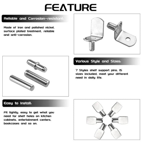 Dang Sturdy Nickel Plated Shelf Pin Kit With Seven Styles Of Heavy Duty Support Pegs For Cabinets Closets And Bookshelves Easy To Mount Fits Five Six Or Seven Millimeter Holes Delivers Reliable Storage That Works Like A Charm showcased in different styles and sizes