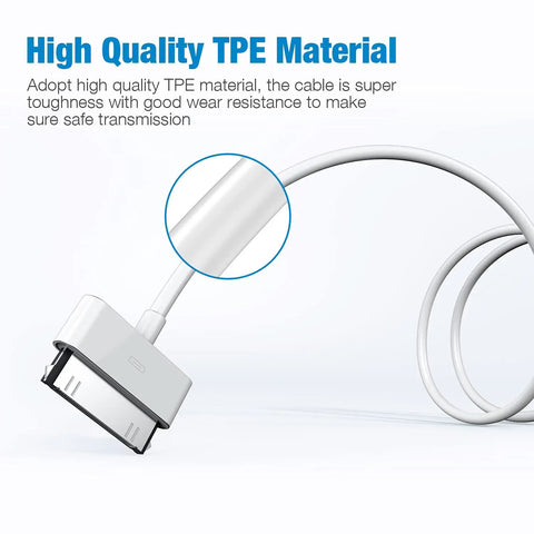 Old School 30 Pin USB Charging Cable 4.0ft 2 In 1 Sync And Charge Cord For iPhone iPad iPod Touch 3G 3GS 4 4S Nano White Copper Core For Fast Data Transfer, white TPE cable close-up