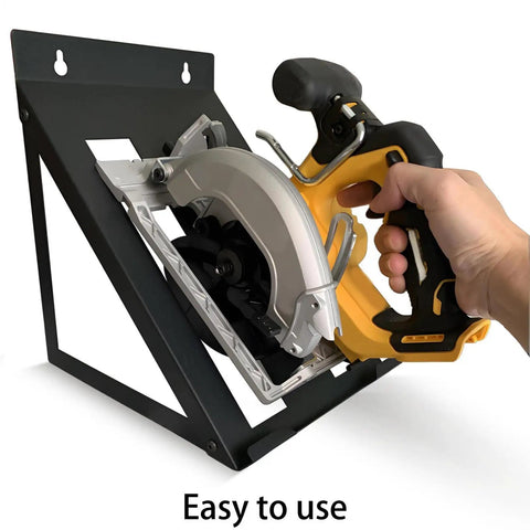 Hand placing circular saw on Wall Mount Tool Organizer for Circular Saw Storage and Power Tools, space-saving rack