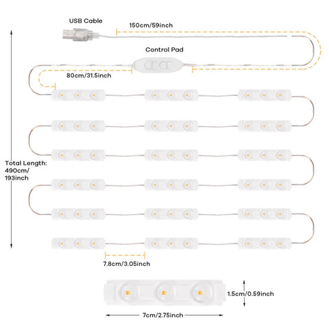 Diagram of LED Vanity Lights for Mirror Hollywood Style Strip with Adjustable Color Temperature and Brightness USB Powered