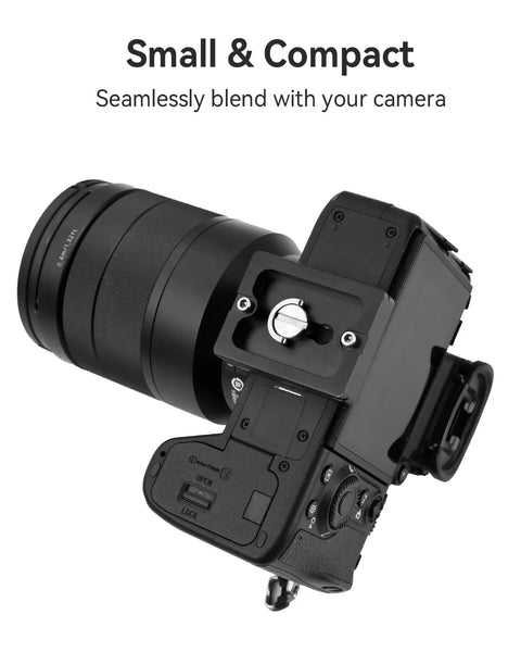 Arca Swiss Quick Release Plate Adapter Set In Lightweight Aluminum With camera attached, showing compact design and fit