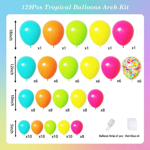 Hawaiian Summer Balloon Arch Kit With 129 Pieces In Hot Pink Teal Blue Lime Green Yellow Orange And Confetti shown by size and count