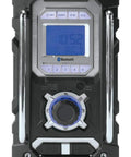 Close-up of 18V LXT Cordless Bluetooth Job Site Radio With FM Stereo Clock And Snooze Menu Controls, rugged design visible