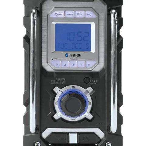 Close-up of 18V LXT Cordless Bluetooth Job Site Radio With FM Stereo Clock And Snooze Menu Controls, rugged design visible