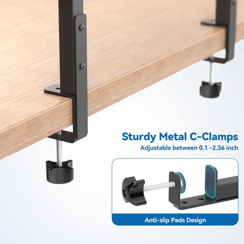 Clamp On Desk Organizer 2 Tier Above Or Under Desk Shelves With Large Capacity Tray Space Saving Phone And Tablet Holder And Headphone Hook No Drilling Desktop Storage For Office And Home metal C-clamps on wood desk