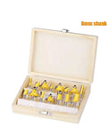 Top Tier 15 Pc Router Bit Set With 8mm Shank Carbide Cutting Edges For Precision Wood Trimming Straight And Beading Profiles, yellow bits in case