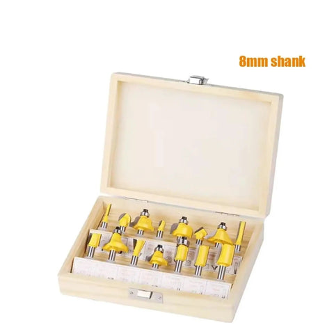 Top Tier 15 Pc Router Bit Set With 8mm Shank Carbide Cutting Edges For Precision Wood Trimming Straight And Beading Profiles, yellow bits in case