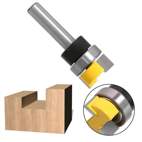 No Fuss 8MM Shank Router Bit For Template Trimming And Hinge Mortising Rock Solid Anti Kickback Design on wood piece.