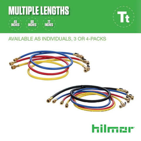 Colorful HVAC/R hoses in multiple lengths, shown in sets of red, blue, and yellow, available in 3 or 4-packs.