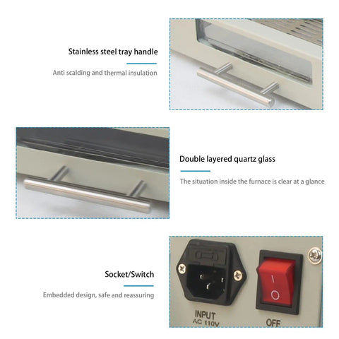 Stainless steel handle, double layered quartz glass, and socket switch of Smart Auto SMD Reflow Oven With Infrared IC Heater 110V 800W