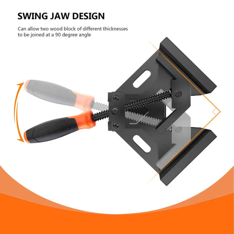Two Piece Corner Clamp Set for Woodworking showing swing jaw design and right angle 90 degree jaws, aluminum alloy frame