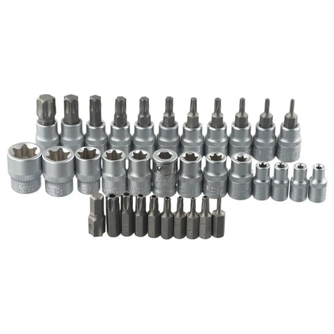 34 Piece Socket Set With Chrome Vanadium Star Sockets And Male Female E Security Bits 1/4 And 3/8 Inch Drive Kit For Auto Repair