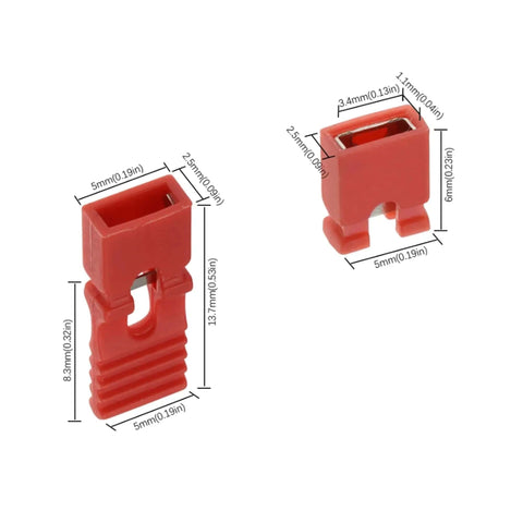 Close-up of red jumper caps with dimensions for 200Pcs Mixed Jumper Caps Kit 2.54mm Pitch For Arduino Raspberry Pi PCB Projects.