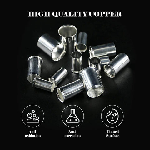 100 Pcs Wire Ferrule Terminal Kit, Copper Crimp Connectors, Silver Plated, Non Insulated, Assorted AWG 4 2 1 2/0 displayed