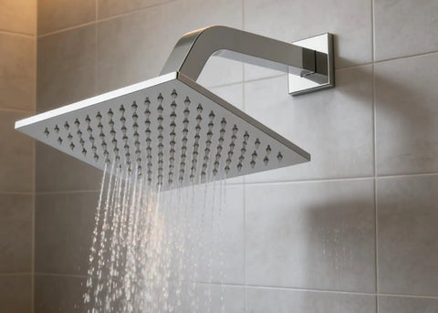 Square Shower Arm With Anti Scratch O Ring Flange, One Inch Solid Brass Pipe, Twelve Inch Wall Mount Extension in use