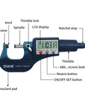 Digital Micrometer 0 To 25 mm And 0 To 1 Inch, large LCD display, thimble lock, and labeled parts for precision measurement.