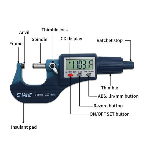 Digital Micrometer 0 To 25 mm And 0 To 1 Inch, large LCD display, thimble lock, and labeled parts for precision measurement.