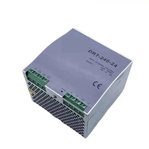 240W DIN Rail Power Supply 24V 10A Or 12V 20A Industrial SMPS Transformer With Precise Voltage Regulation For Beefy Rock Solid Control Panels Space Saving Compact Unit Rugged DIN Rail Mount Low Ripple Output, silver metal unit with terminal blocks