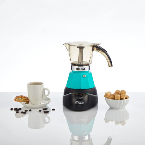 Hassle Free Electric Espresso Maker Compact Coffee Brewer For Daily Grind with teal finish, coffee cup, and sugar bowl.