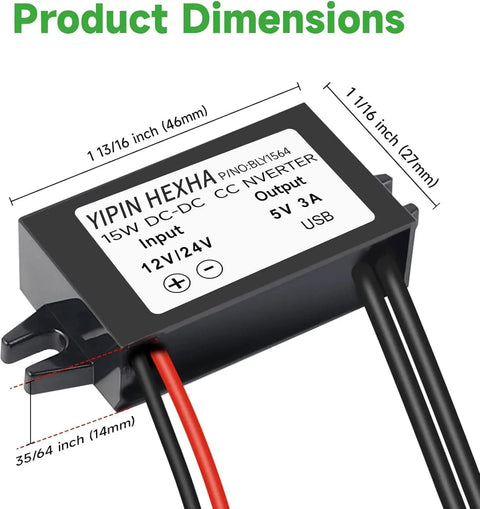 Side view of the 10-32V DC To 5V USB Buck Converter Module, 3A 15W Power Adapter For Cars And DIY Projects, showing dimensions.