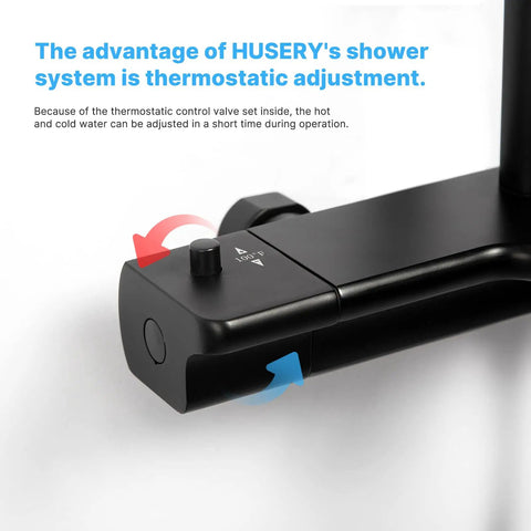Close-up of Thermostatic Shower System With Tub Spout And 9 Inch Rain Shower Head Plus 3 Setting Handheld Sprayer Wall Mounted Slide Bar Mixer In Black Finish showing thermostatic adjustment.