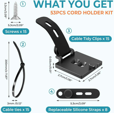 Cable Management Kit With 15 Adhesive Cable Holders 15 Zip Ties 15 Screws 8 Silicone Cord Ties And 8 Adjustable Straps diagram