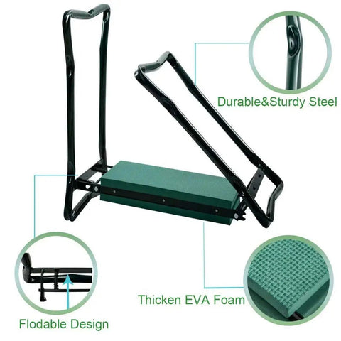 Folding Garden Kneeler Seat With Tool Pouch Bag And Thick EVA Foam Kneeling Pads shown with its foldable design and sturdy iron frame.