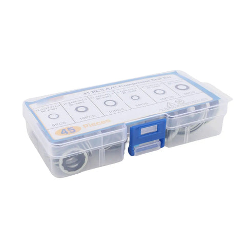 Box of 45 Piece Pro Grade AC Compressor Gasket Kit With Six Sizes Automotive Air Conditioning Port Seal Washer Set, closed view.