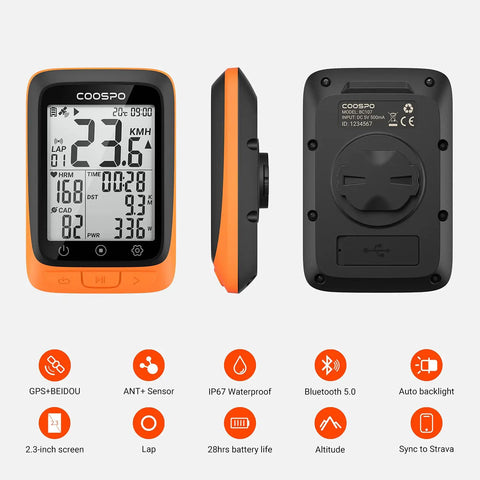 Wireless GPS Bicycle Computer With Bluetooth And ANT Plus For Cycling, Waterproof Speedometer, 2.4 Inch LCD Display Front, Side, Back