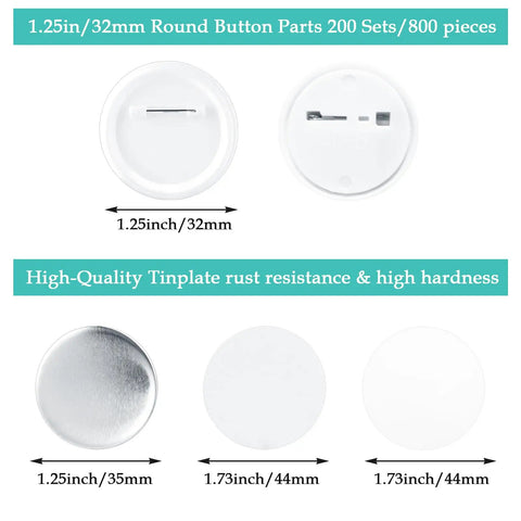 800 Piece Button Maker Supplies Kit For DIY Badge Makin Round 32mm 1.25 Inch Badges with metal and plastic components