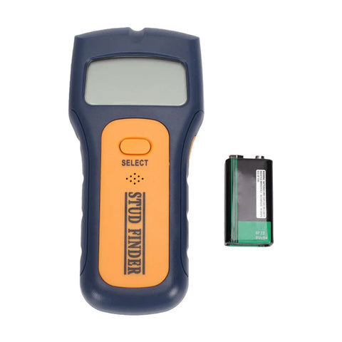 FTVOGUE Stud Finder Wall Scanner with LCD Display for Metal AC Wire Wood next to battery, showing key controls and screen.