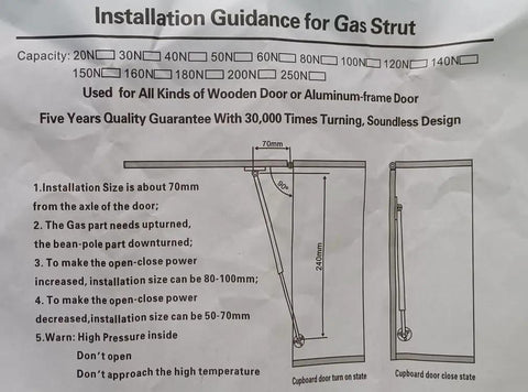Installation guide for 10 Pack 10 Inch Gas Struts For Cabinets 100N 22.5 Lbs, diagram and instructions shown
