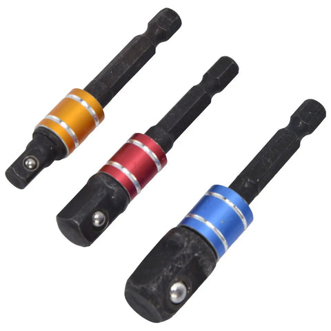 Premium Hex Shank To Square Head Socket Adapter Kit, Chrome Vanadium Steel Set, Perfect For Your Power Pneumatic Tools, The Ultimate Toolbox Upgrade To Get Every Job Done Smooth And Fast Today., 3-piece hex shank socket adapter set with 1/4, 3/8 and 1/2 inch drives