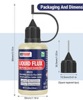 No Clean Liquid Solder Flux Dropper For Electronics Soldering Rosin Flux, showing dimensions and two tapered tips, 30 mL bottle.
